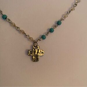 Silver and Turquoise Color Beads with a Cross Pendant Necklace